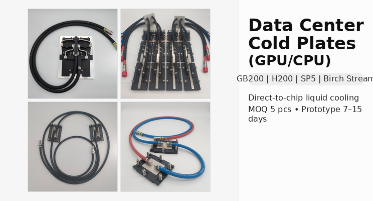 Data center cold plates for GPU/CPU direct-to-chip liquid cooling (GB200, H200, SP5, Birch Stream)
