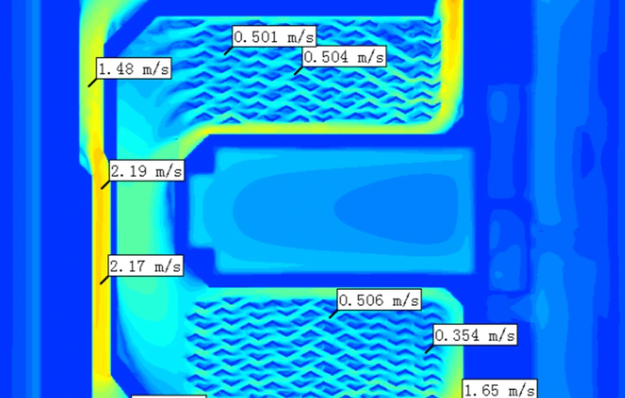 CFD: 6-module battery pack diamond-channel cold plate velocity field