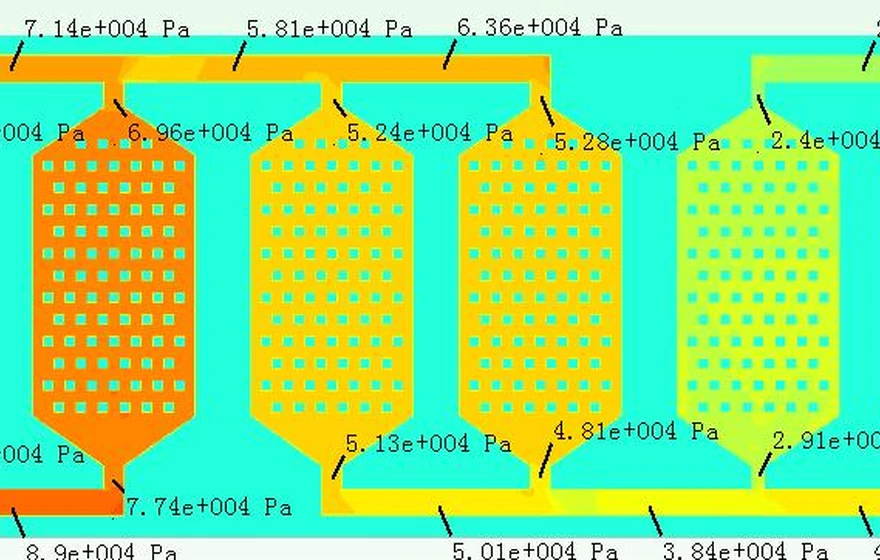 CFD: 10 kW IGBT bank cold plate manifold pressure field, 89 kPa inlet