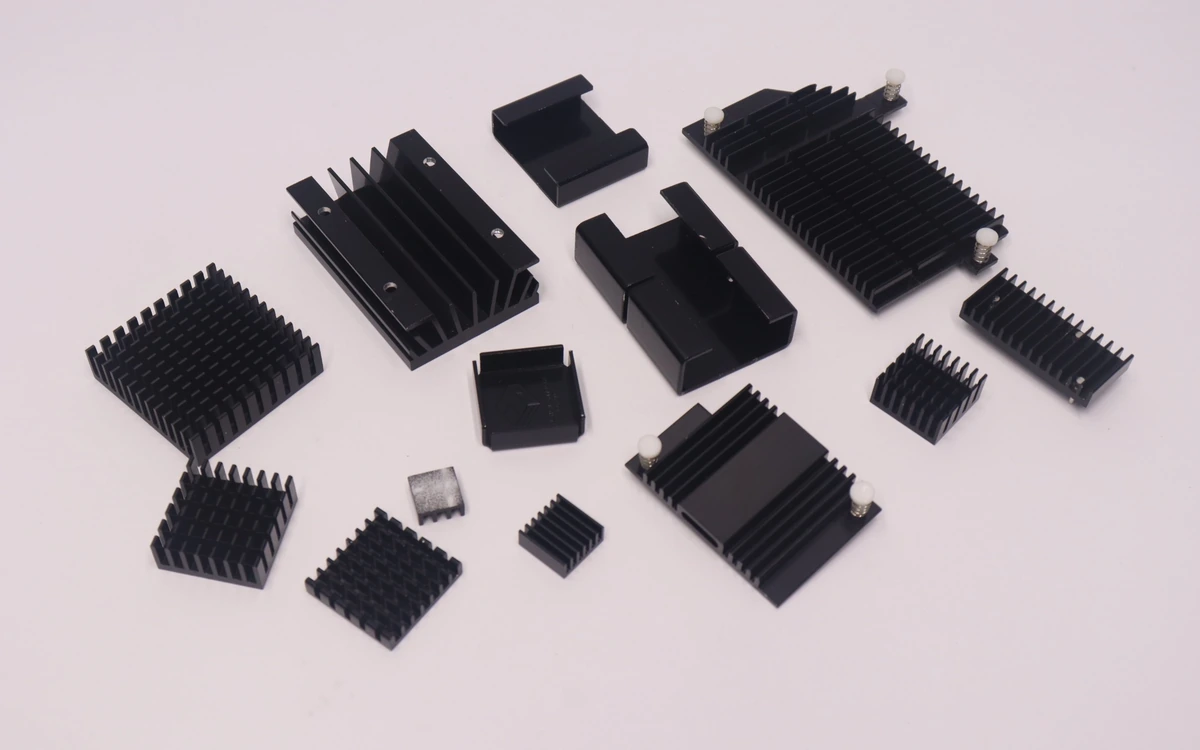 Black anodized aluminum heat sink family, extrusion and skived types