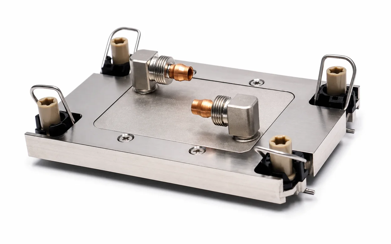 CNC machined stainless steel liquid cold plate with copper fittings - ToneCooling